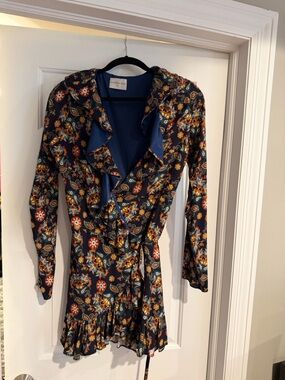 Valentina Shah Navy Floral Wrap Mini Dress with Ruffle Trim